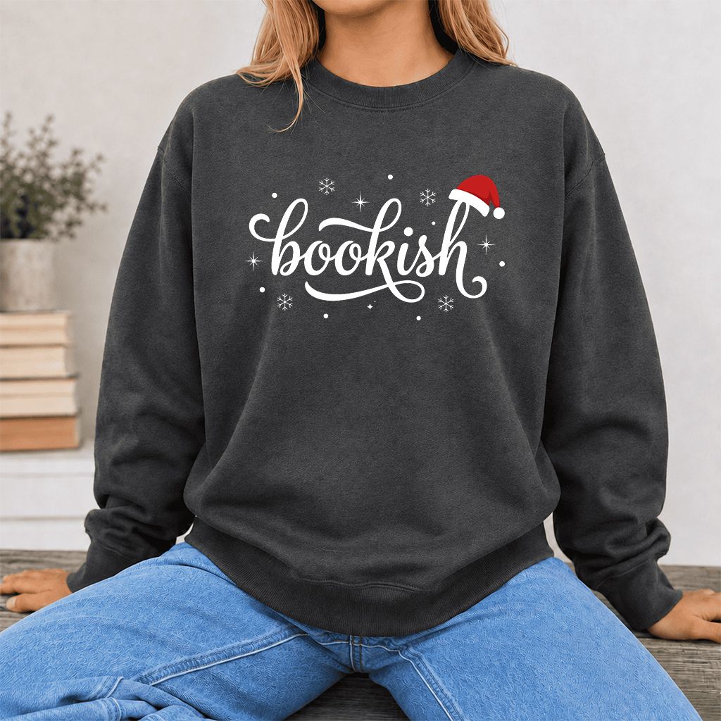 Snowy Bookish Printed Sweatshirt | Christmas Reader Gift Dark Heather