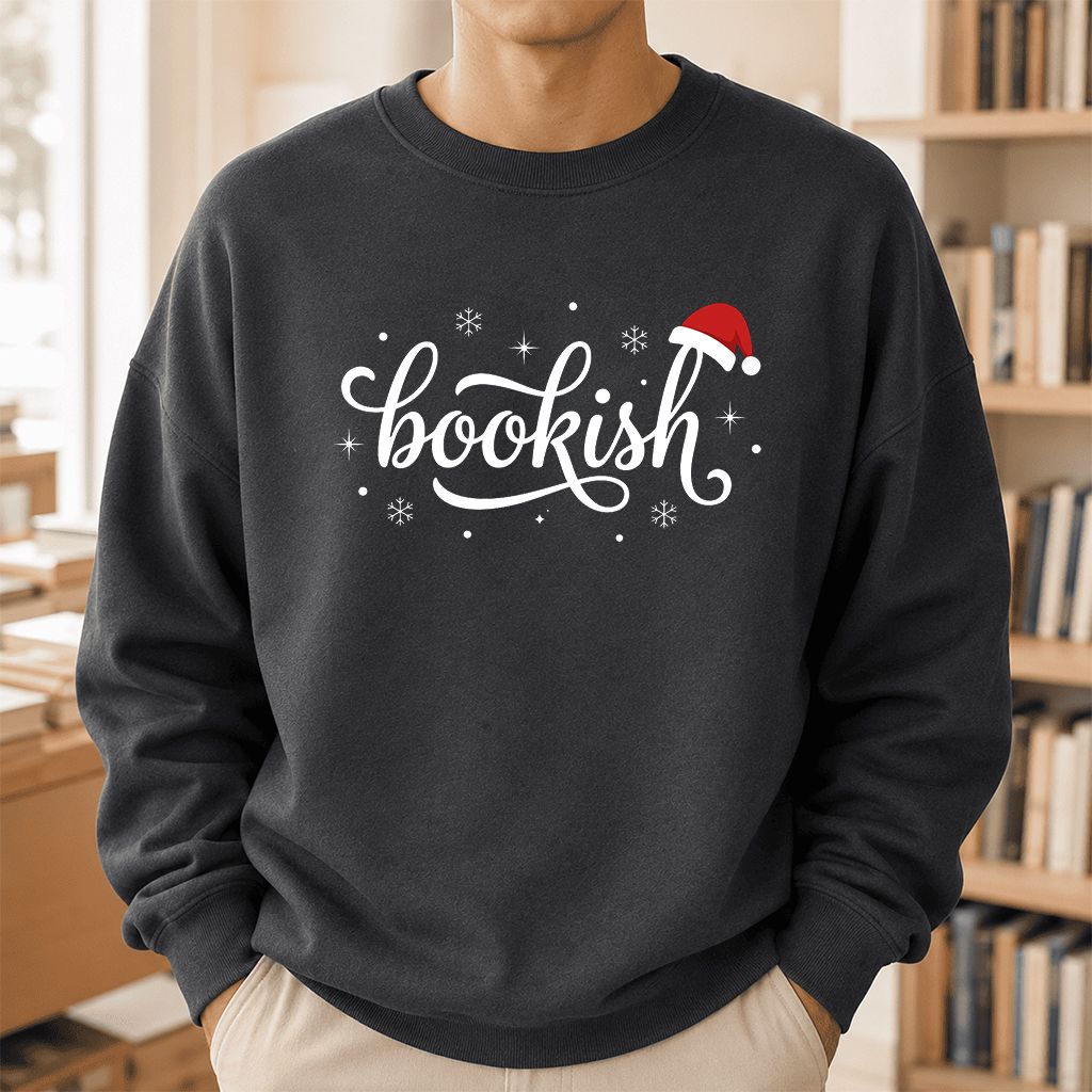 Snowy Bookish Printed Sweatshirt | Christmas Reader Gift Dark Heather