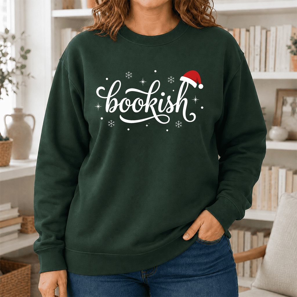 Snowy Bookish Printed Sweatshirt | Christmas Reader Gift Forest Green