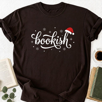 Snowy Bookish Printed T-Shirt | Christmas Reader Gift Dark Chocolate