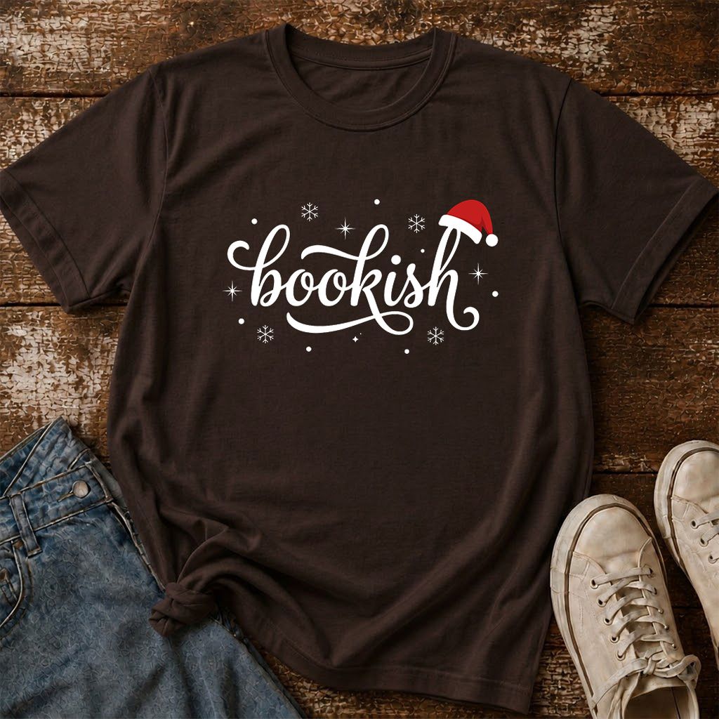 Snowy Bookish Printed T-Shirt | Christmas Reader Gift Dark Chocolate