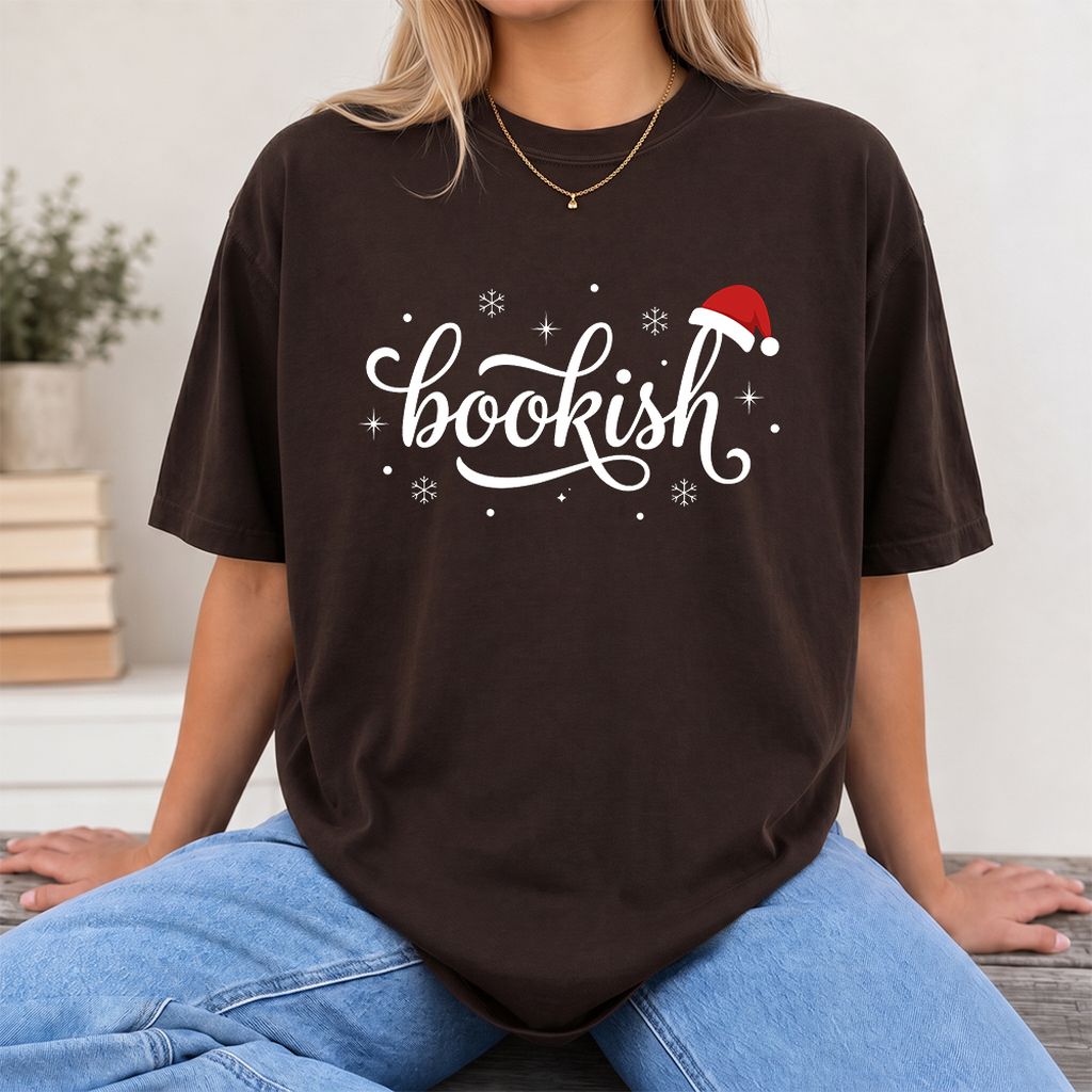 Snowy Bookish Printed T-Shirt | Christmas Reader Gift Dark Chocolate