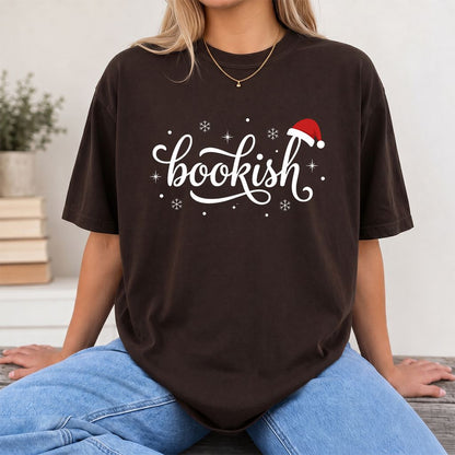 Snowy Bookish Printed T-Shirt | Christmas Reader Gift Dark Chocolate