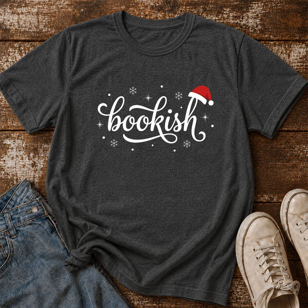 Snowy Bookish Printed T-Shirt | Christmas Reader Gift Dark Heather