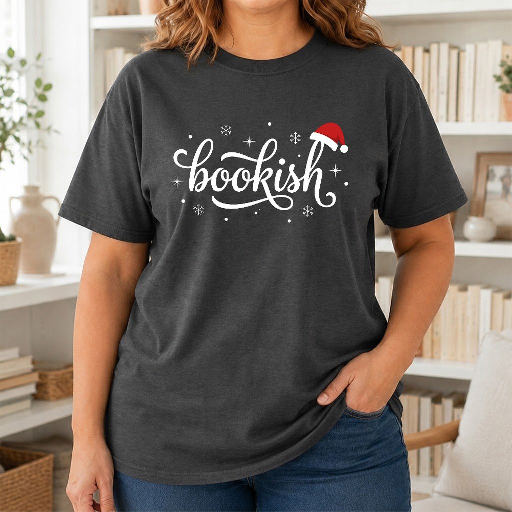 Snowy Bookish Printed T-Shirt | Christmas Reader Gift Dark Heather