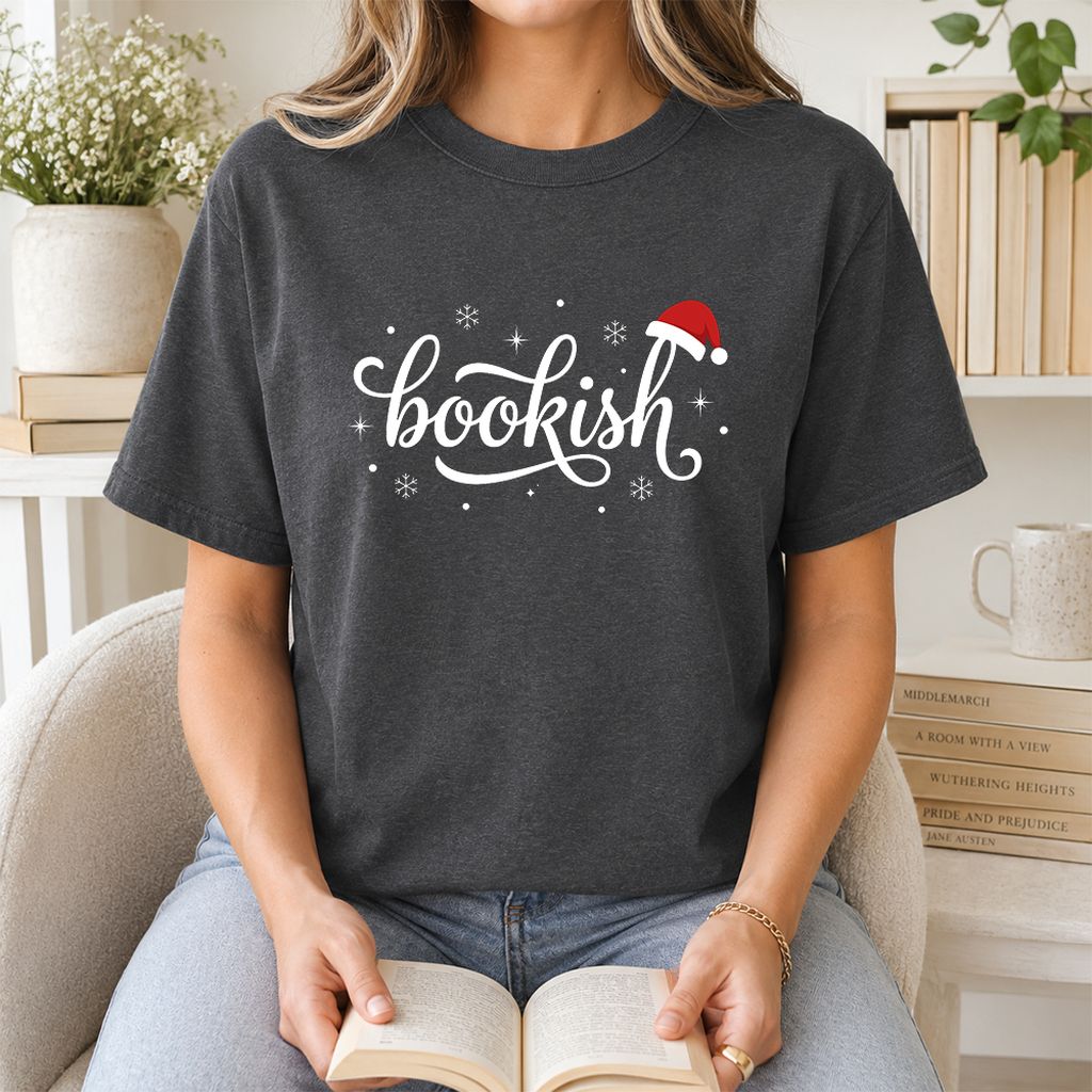 Snowy Bookish Printed T-Shirt | Christmas Reader Gift Dark Heather