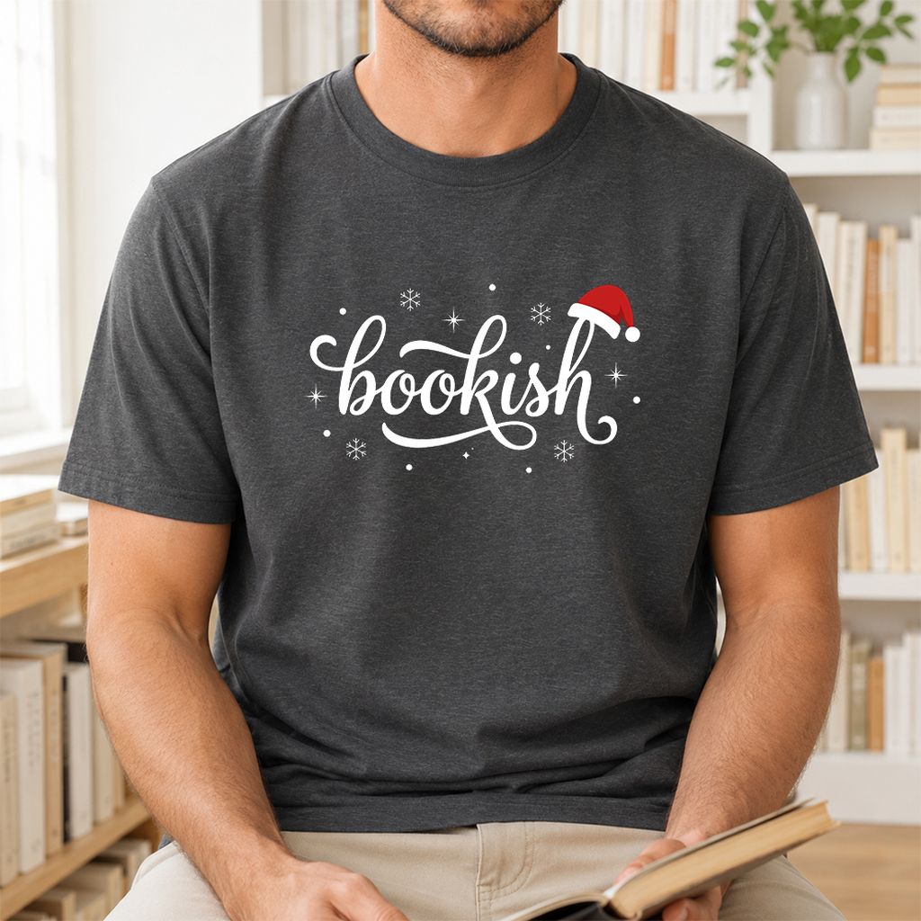 Snowy Bookish Printed T-Shirt | Christmas Reader Gift Dark Heather