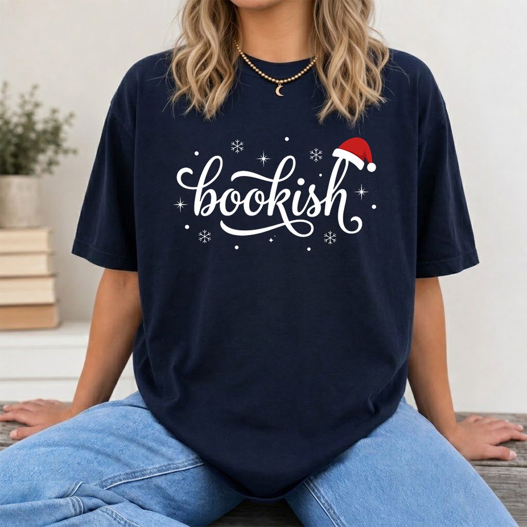 Snowy Bookish Printed T-Shirt | Christmas Reader Gift Navy