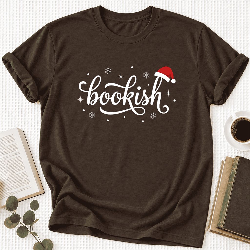 Snowy Bookish Ultra-Soft Cotton T-Shirt | Christmas Reader Gift Brown