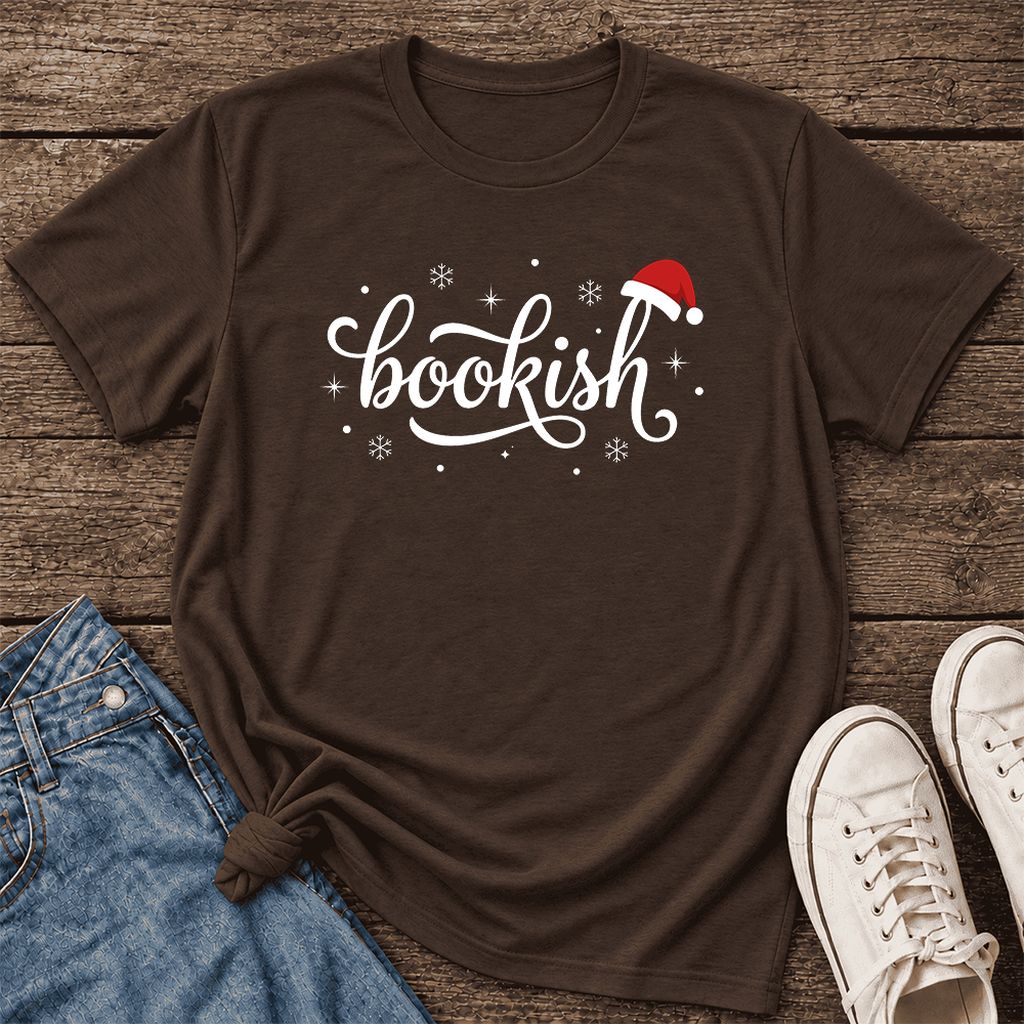 Snowy Bookish Ultra-Soft Cotton T-Shirt | Christmas Reader Gift Brown