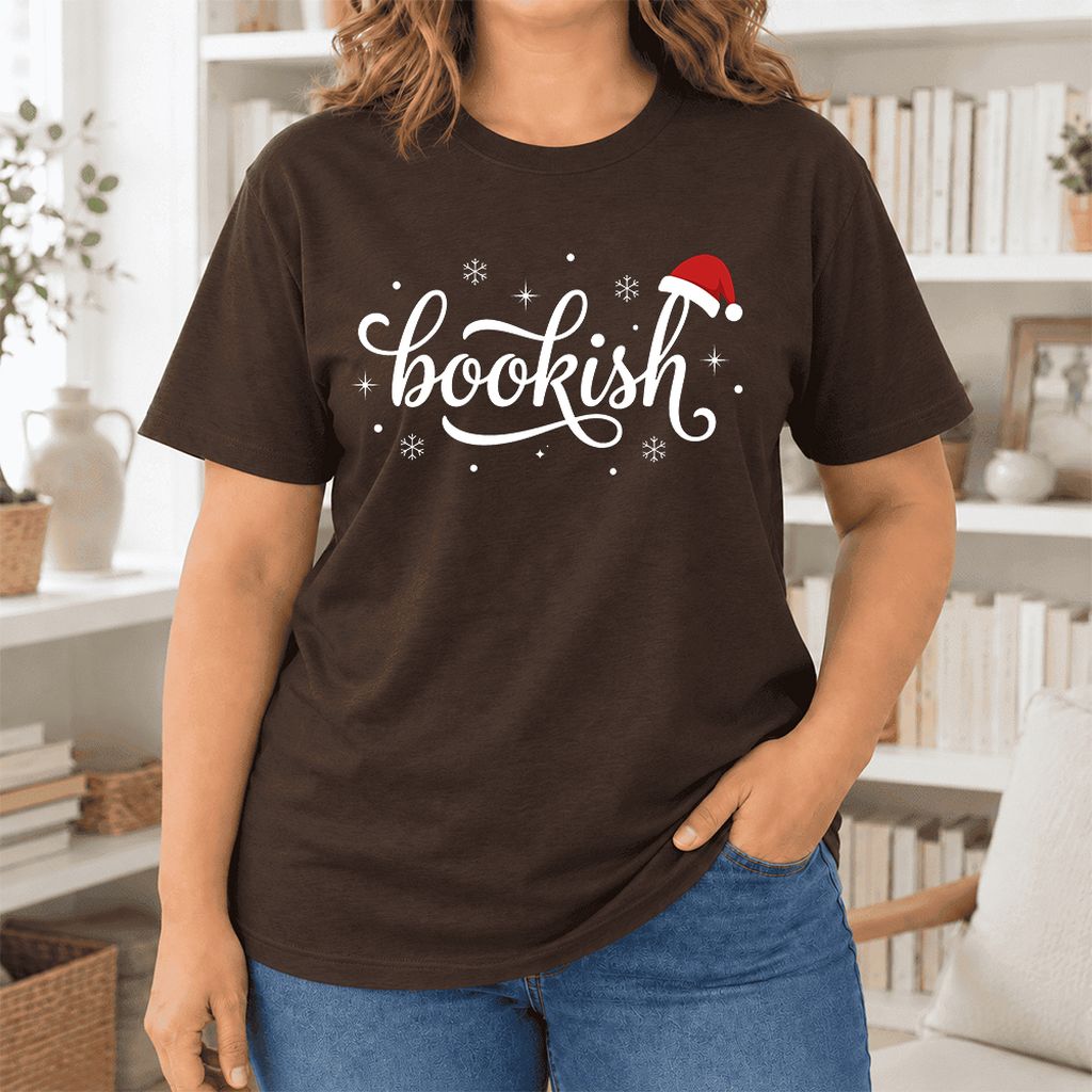 Snowy Bookish Ultra-Soft Cotton T-Shirt | Christmas Reader Gift Brown