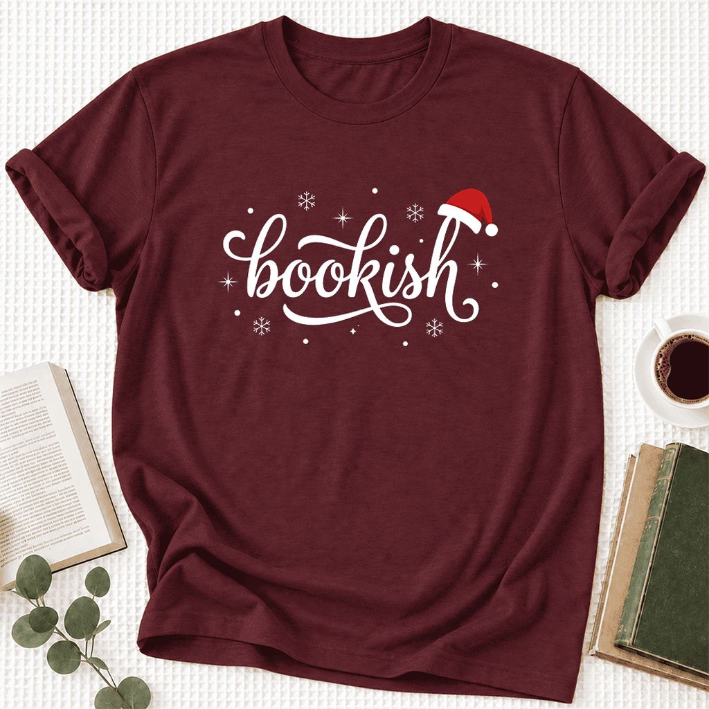 Snowy Bookish Ultra-Soft Cotton T-Shirt | Christmas Reader Gift Maroon