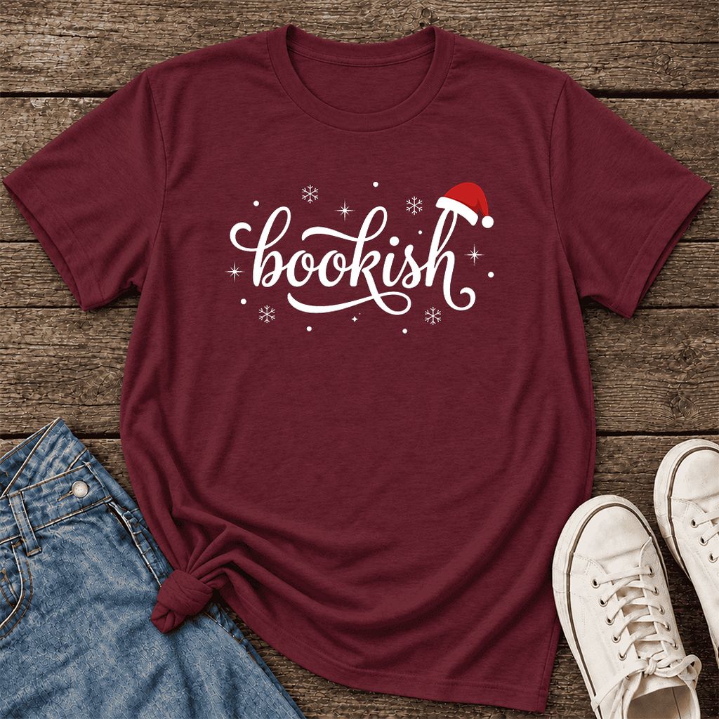 Snowy Bookish Ultra-Soft Cotton T-Shirt | Christmas Reader Gift Maroon