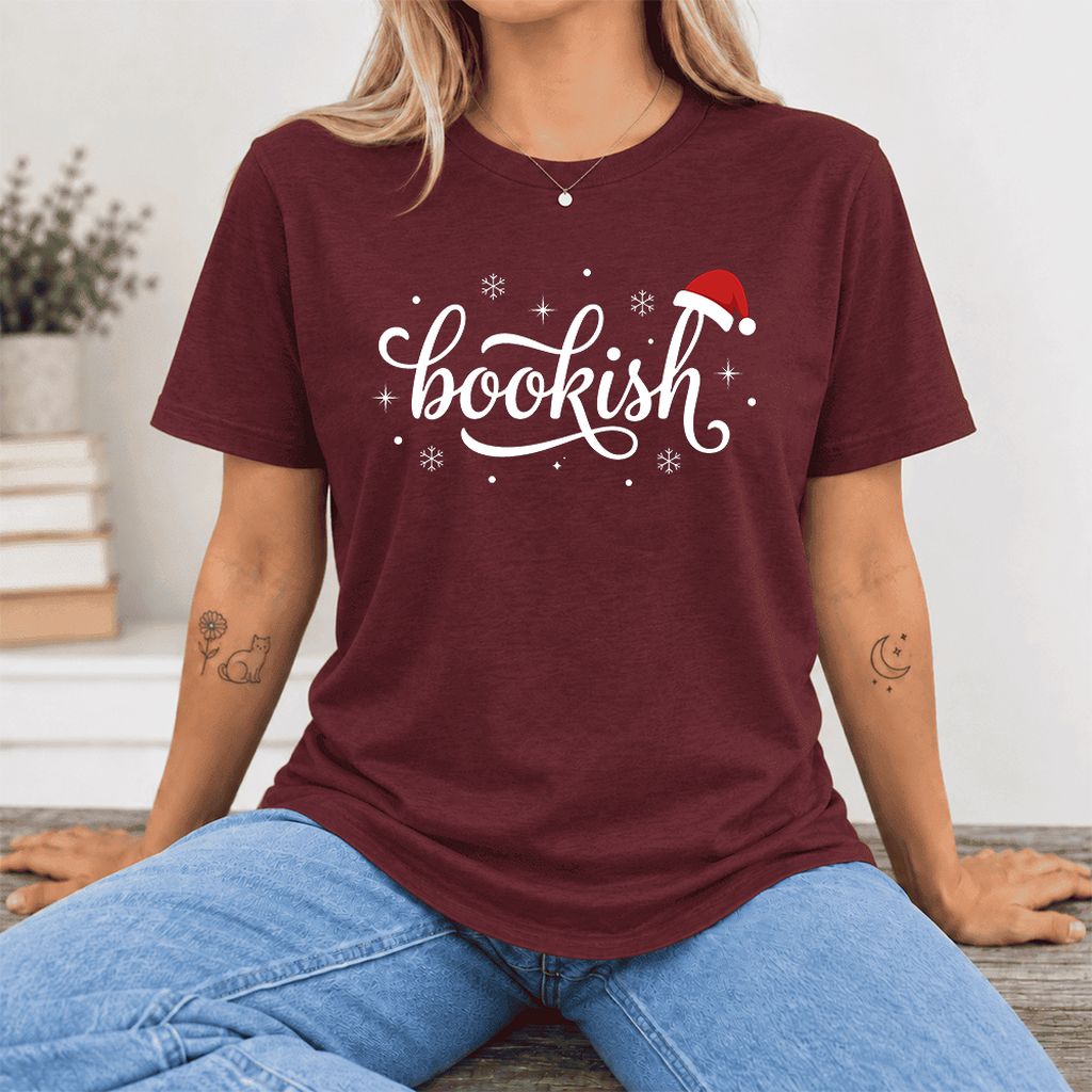 Snowy Bookish Ultra-Soft Cotton T-Shirt | Christmas Reader Gift Maroon