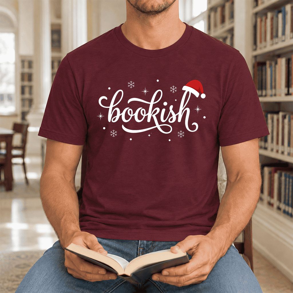 Snowy Bookish Ultra-Soft Cotton T-Shirt | Christmas Reader Gift Maroon
