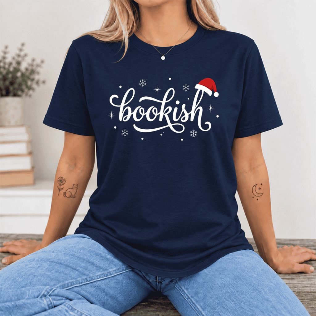 Snowy Bookish Ultra-Soft Cotton T-Shirt | Christmas Reader Gift Navy