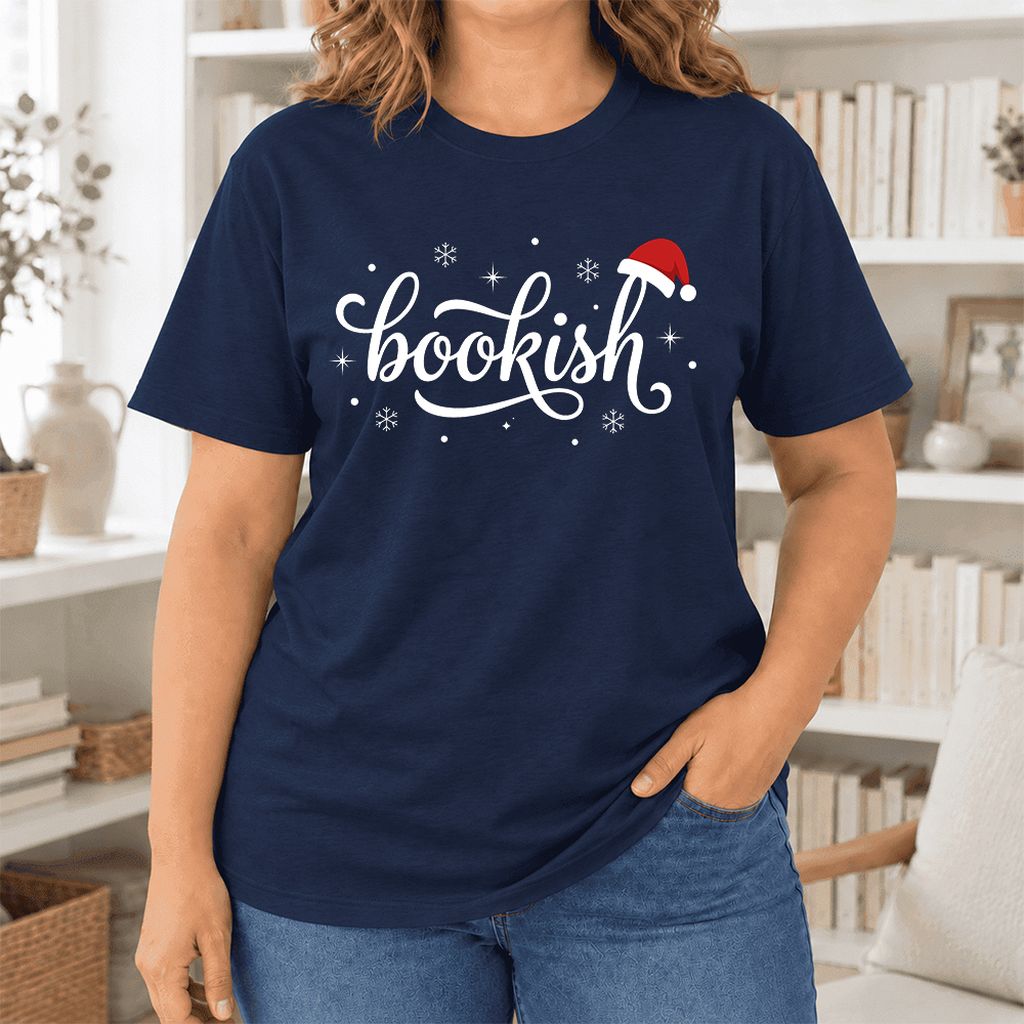 Snowy Bookish Ultra-Soft Cotton T-Shirt | Christmas Reader Gift Navy