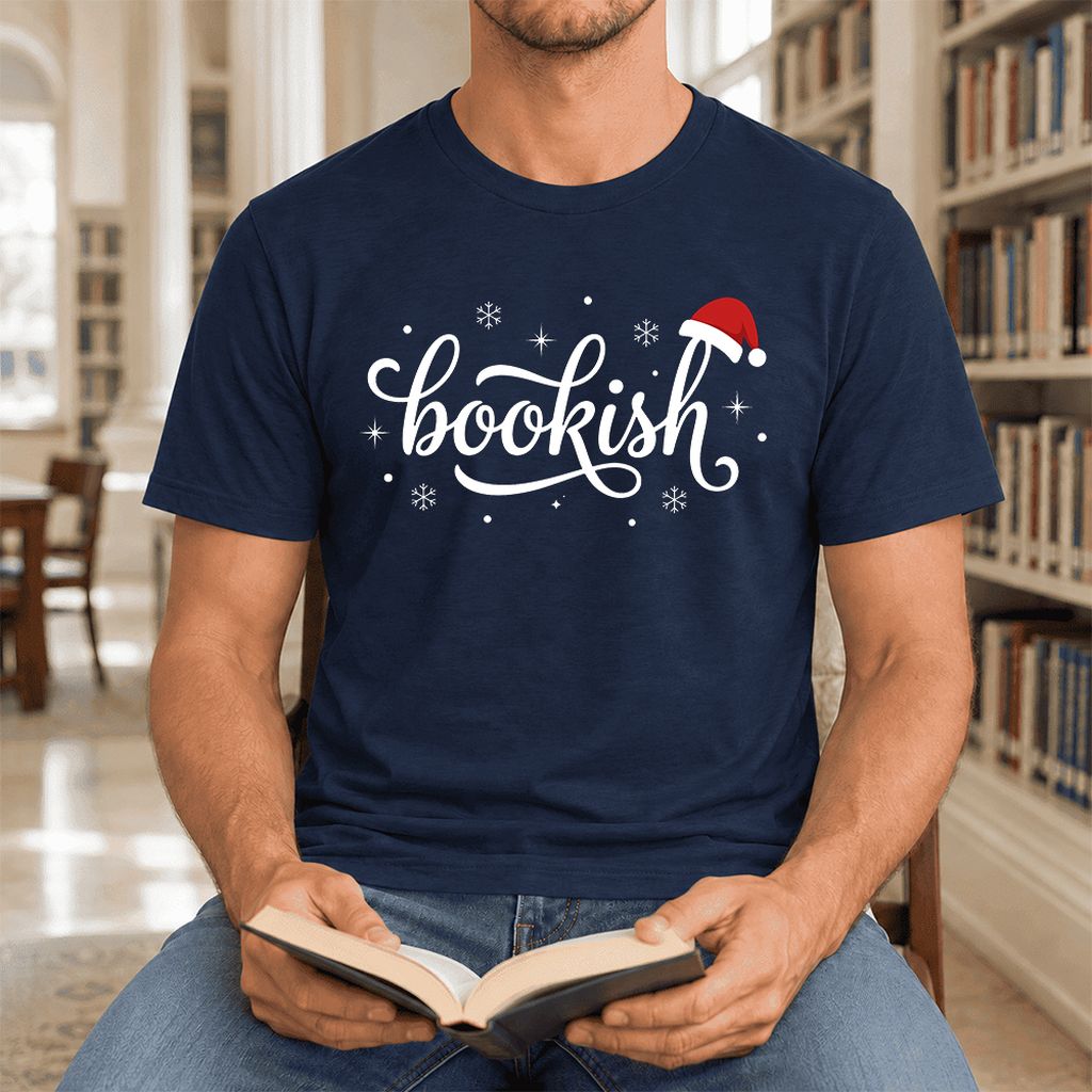 Snowy Bookish Ultra-Soft Cotton T-Shirt | Christmas Reader Gift Navy