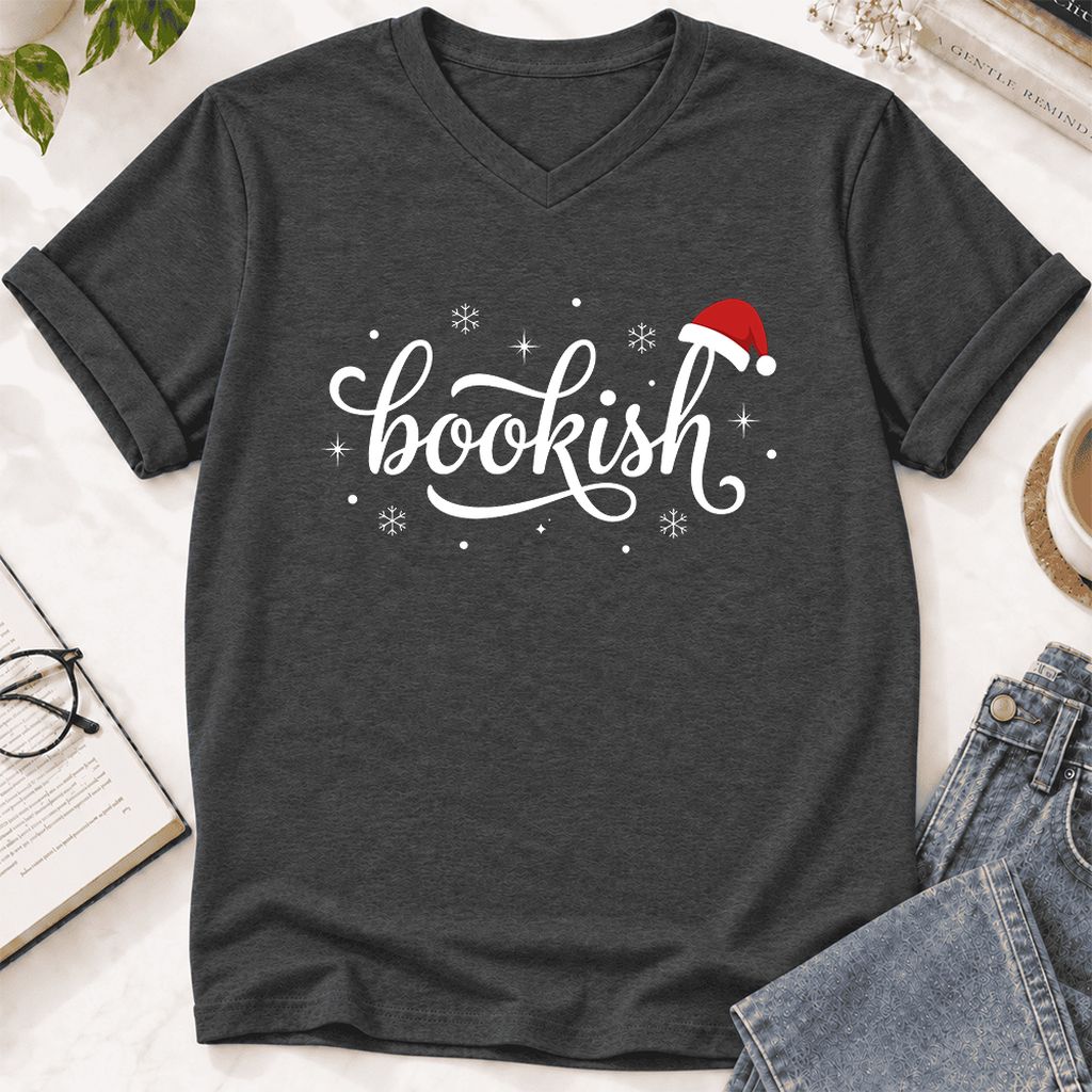 Snowy Bookish Ultra-Soft V-Neck | Christmas Reader Gift Dark Grey Heather