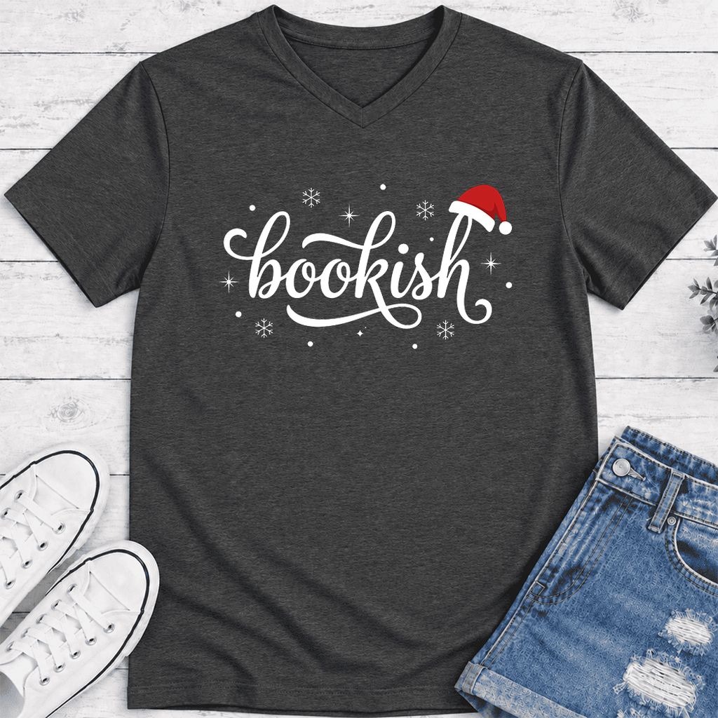 Snowy Bookish Ultra-Soft V-Neck | Christmas Reader Gift Dark Grey Heather