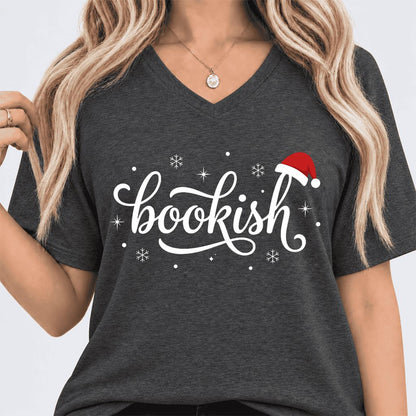 Snowy Bookish Ultra-Soft V-Neck | Christmas Reader Gift Dark Grey Heather