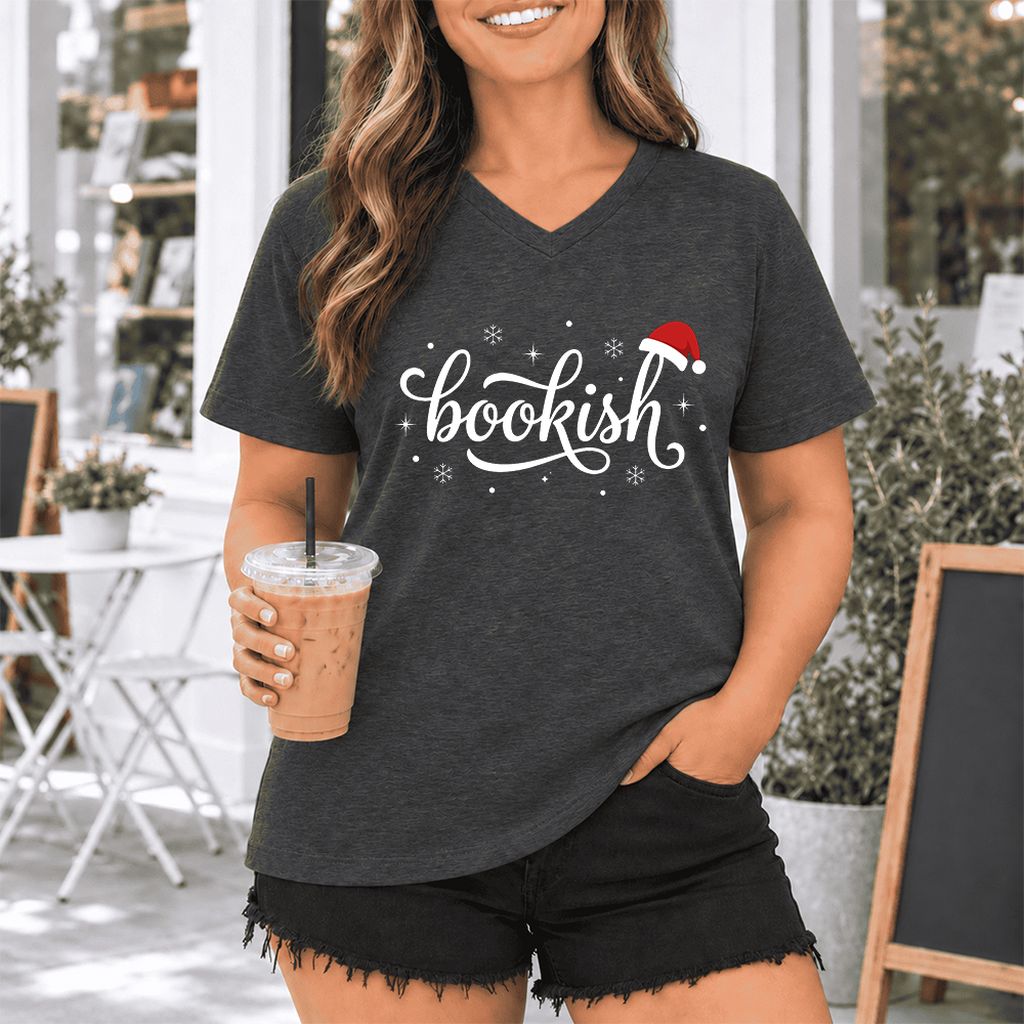 Snowy Bookish Ultra-Soft V-Neck | Christmas Reader Gift Dark Grey Heather