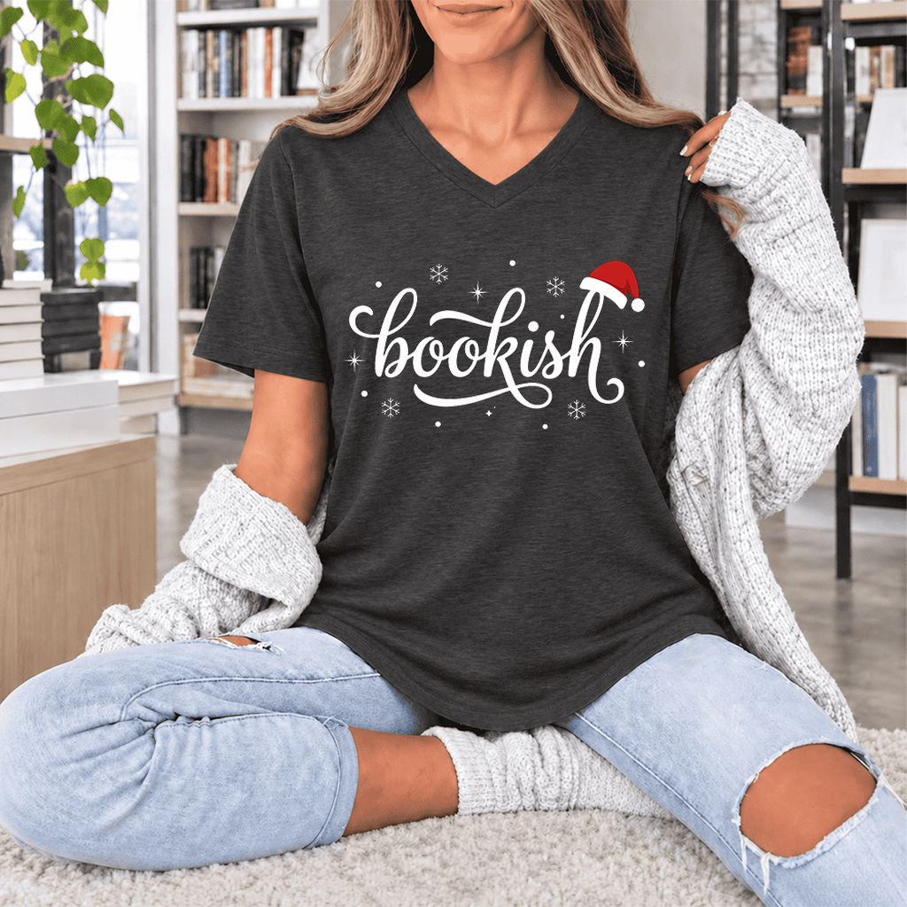 Snowy Bookish Ultra-Soft V-Neck | Christmas Reader Gift Dark Grey Heather