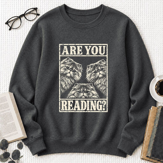 Are You Reading Persian Crewneck Sweatshirt | Cat Lover Reader Gift Dark Heather