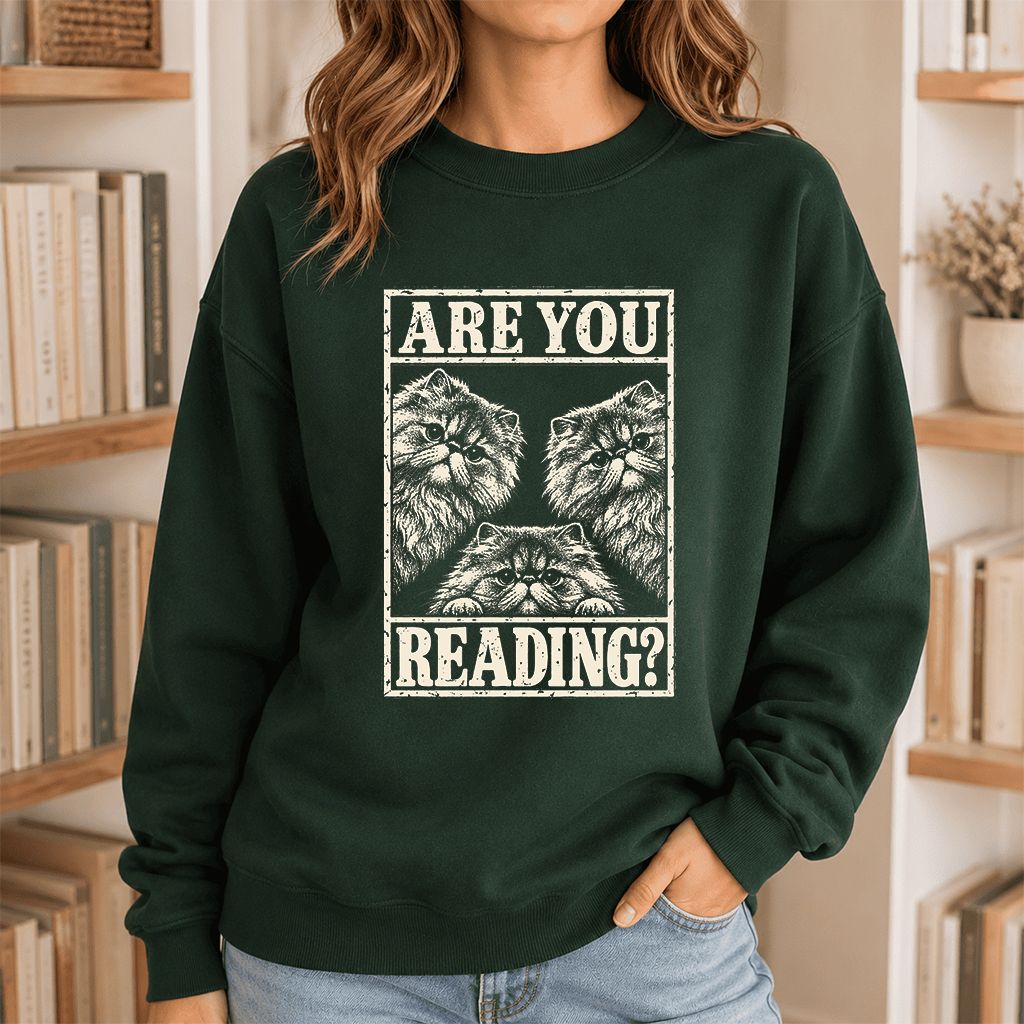 Are You Reading Persian Printed Sweatshirt | Cat Lover Reader Gift Forest Green