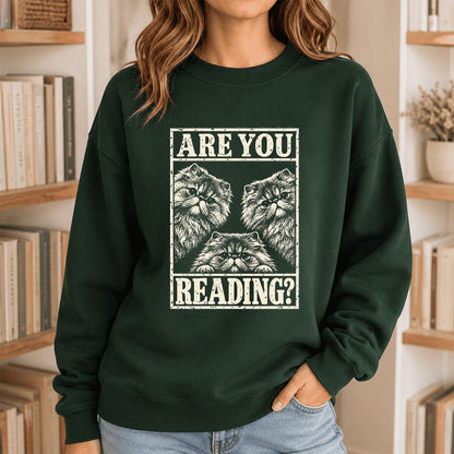 Are You Reading Persian Printed Sweatshirt | Cat Lover Reader Gift Forest Green