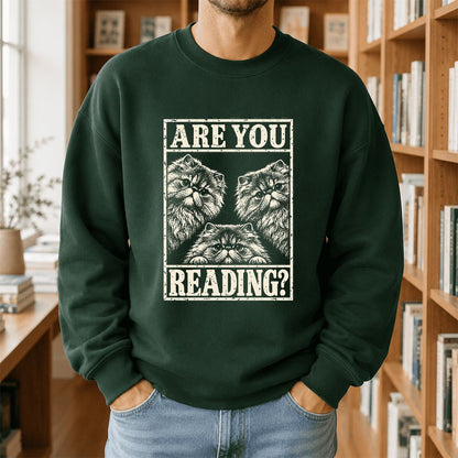 Are You Reading Persian Printed Sweatshirt | Cat Lover Reader Gift Forest Green