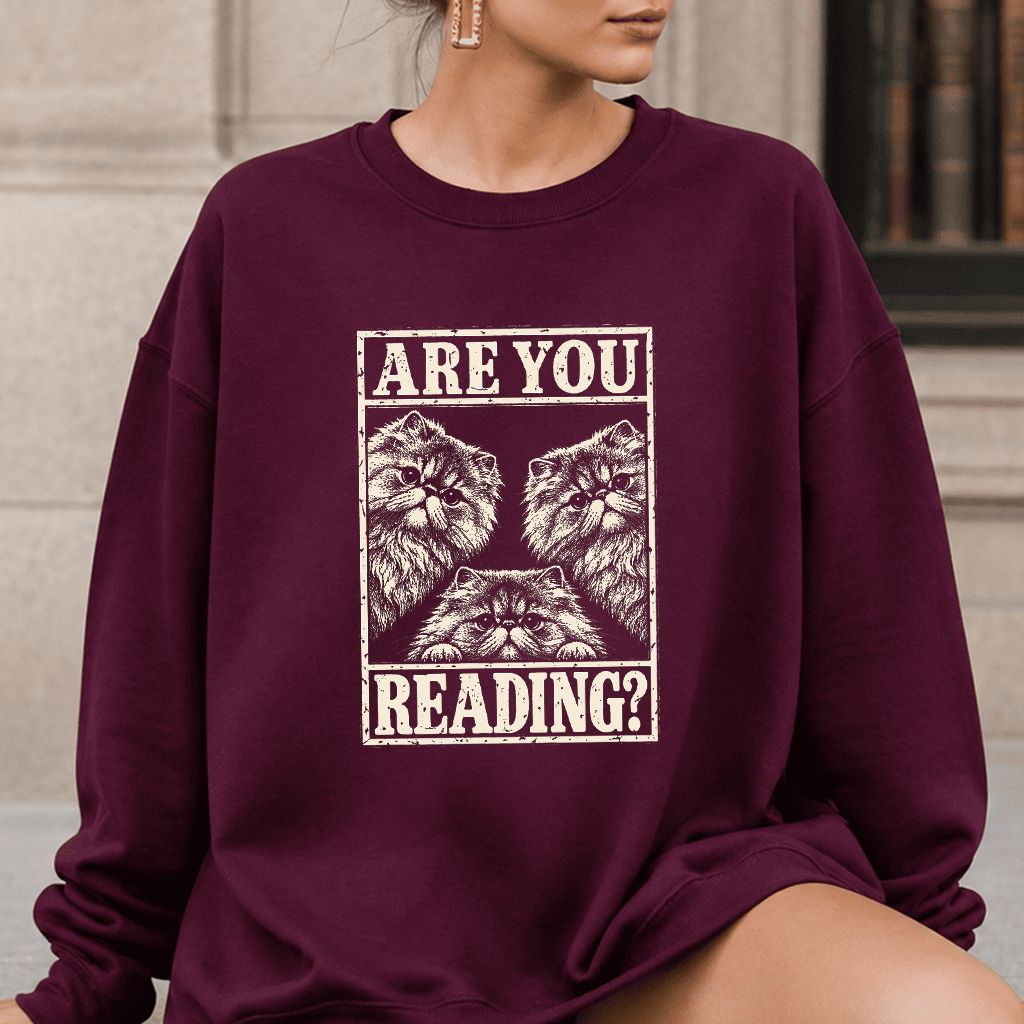 Are You Reading Persian Printed Sweatshirt | Cat Lover Reader Gift Maroon