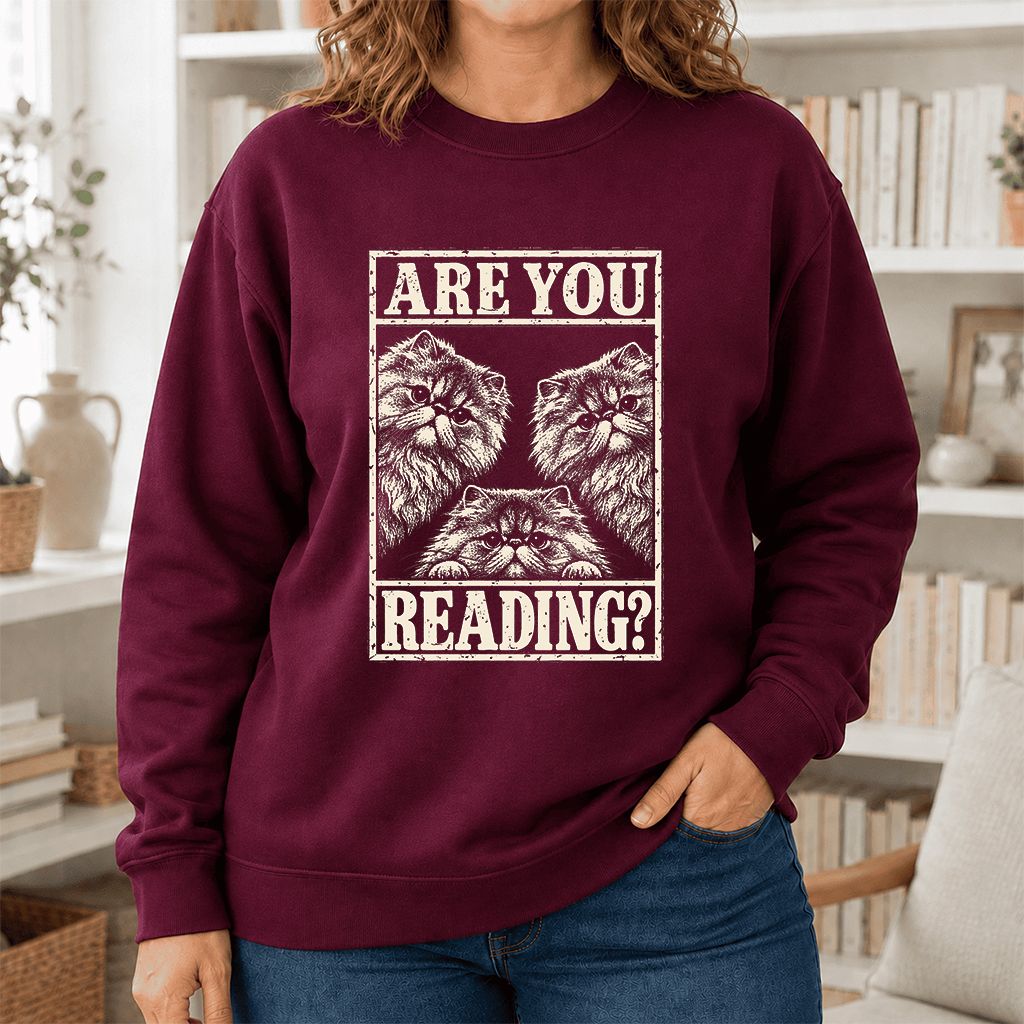 Are You Reading Persian Printed Sweatshirt | Cat Lover Reader Gift Maroon