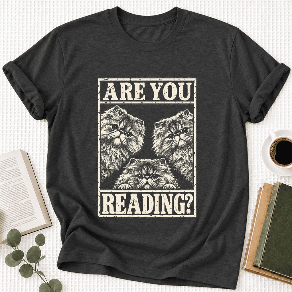 Are You Reading Persian Ultra-Soft Cotton T-Shirt | Cat Lover Reader Gift Dark Grey Heather