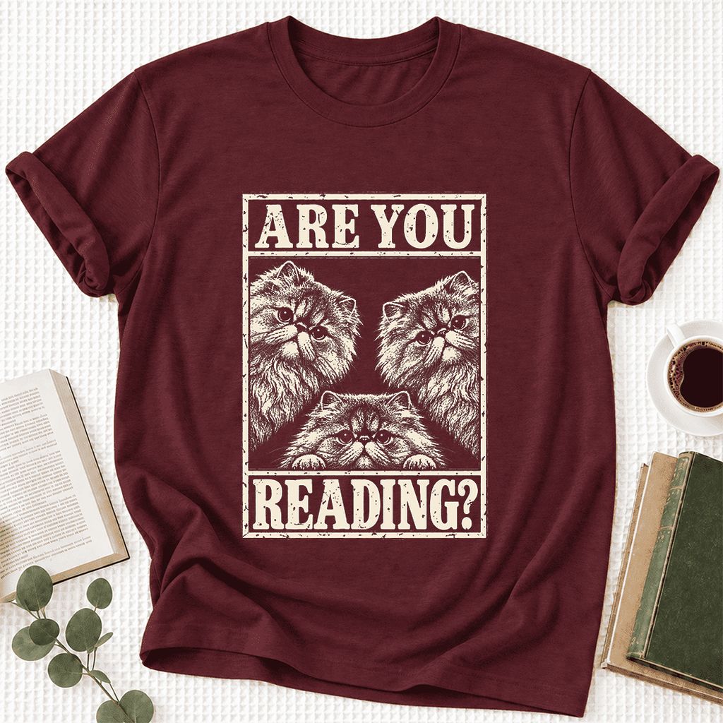Are You Reading Persian Ultra-Soft Cotton T-Shirt | Cat Lover Reader Gift Maroon