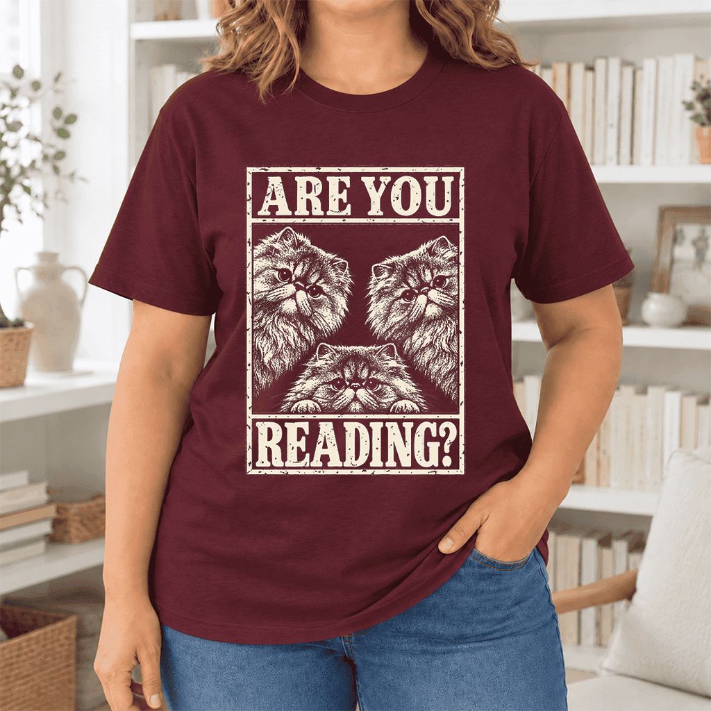 Are You Reading Persian Ultra-Soft Cotton T-Shirt | Cat Lover Reader Gift Maroon