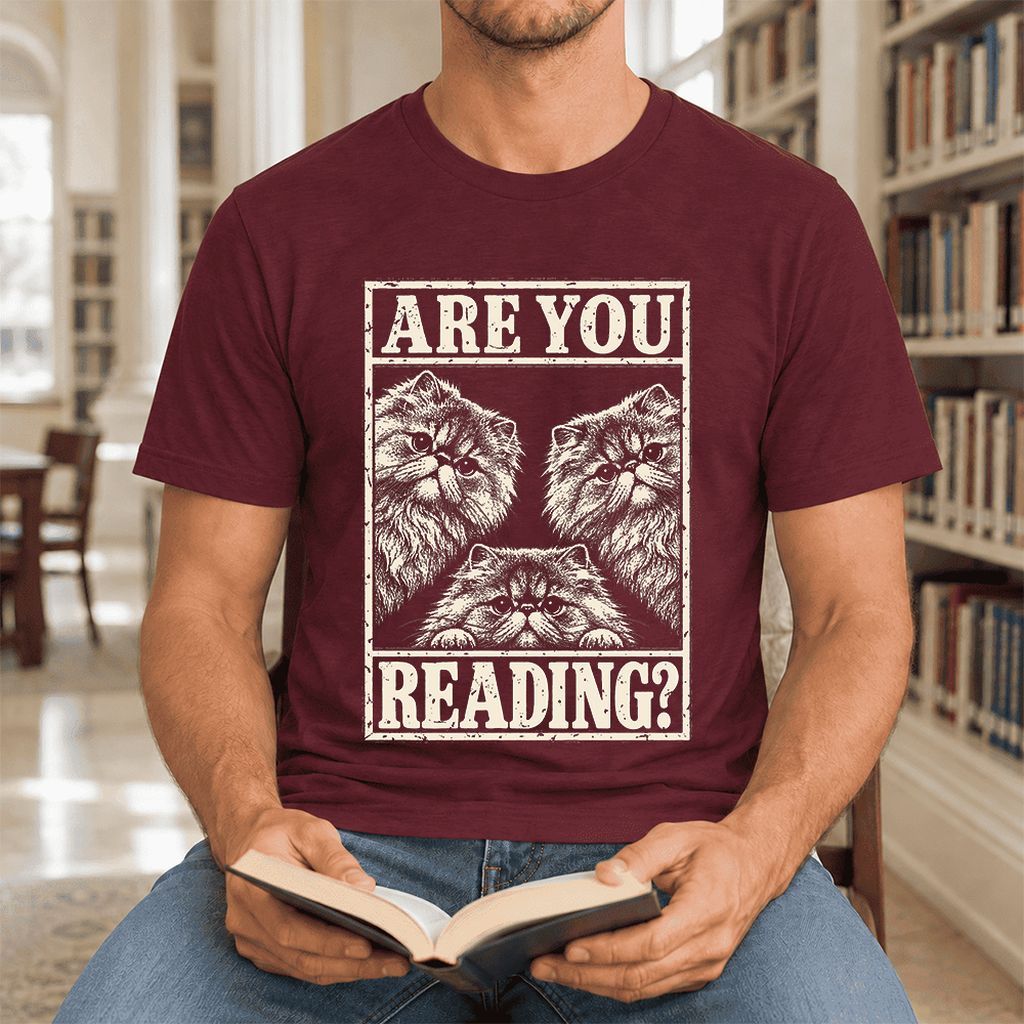 Are You Reading Persian Ultra-Soft Cotton T-Shirt | Cat Lover Reader Gift Maroon