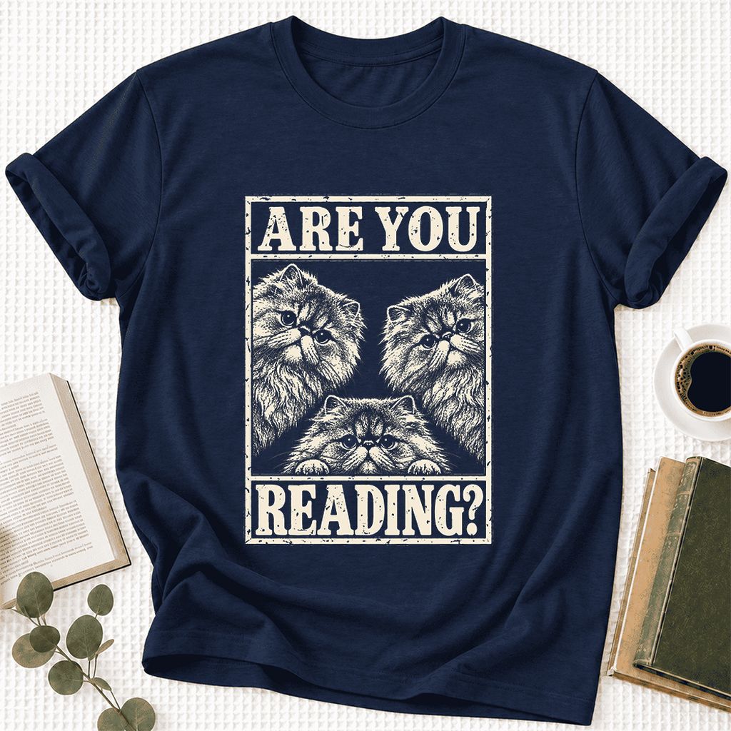 Are You Reading Persian Ultra-Soft Cotton T-Shirt | Cat Lover Reader Gift Navy