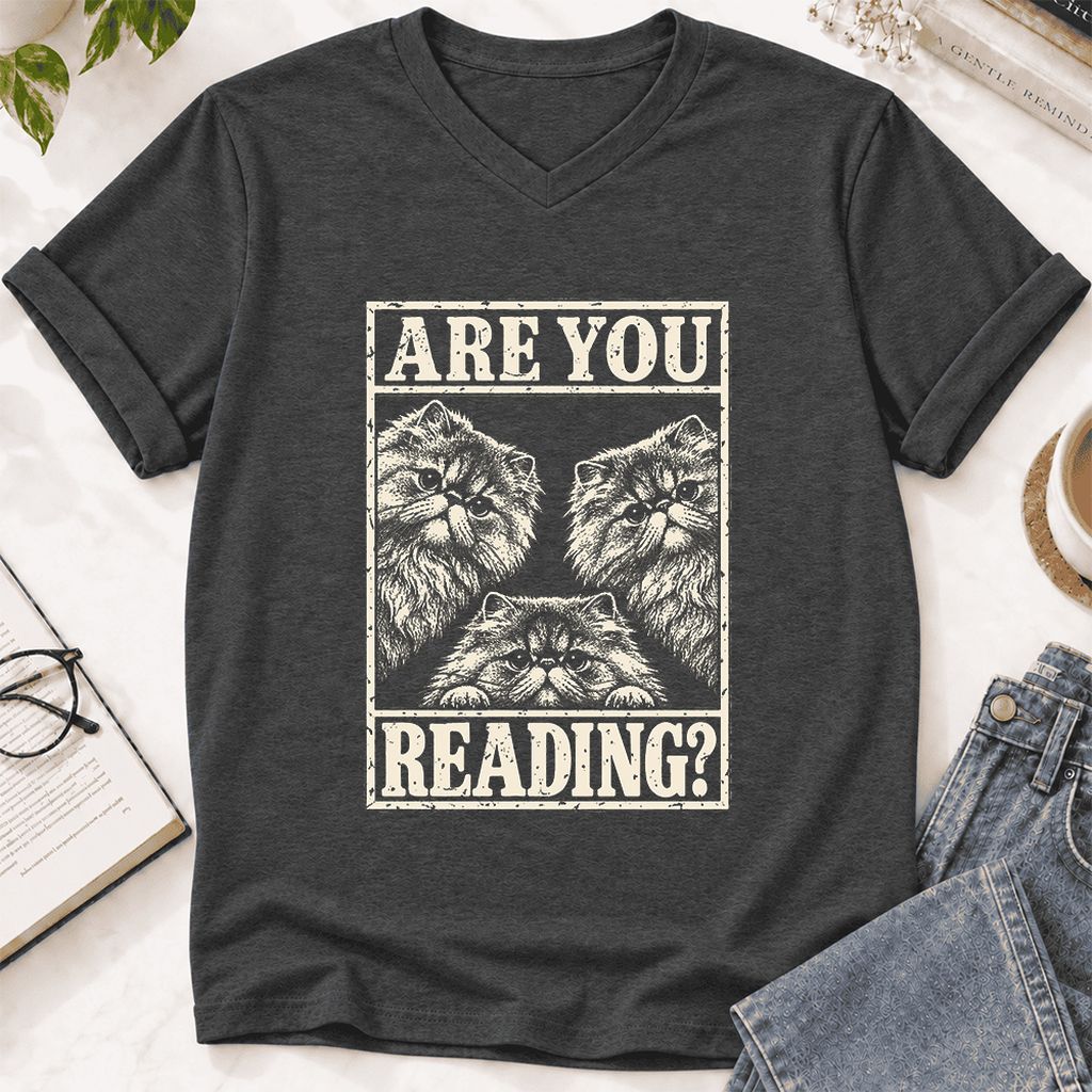 Are You Reading Persian Ultra-Soft V-Neck | Cat Lover Reader Gift Dark Grey Heather