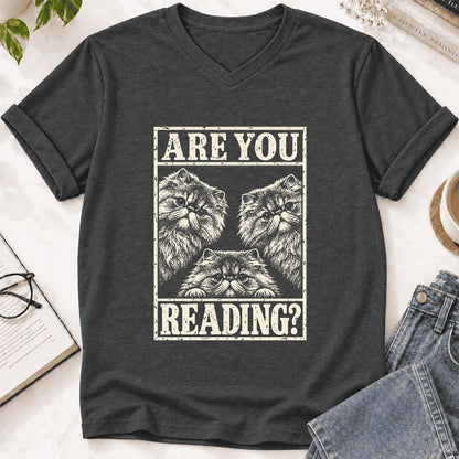 Are You Reading Persian Ultra-Soft V-Neck | Cat Lover Reader Gift Dark Grey Heather