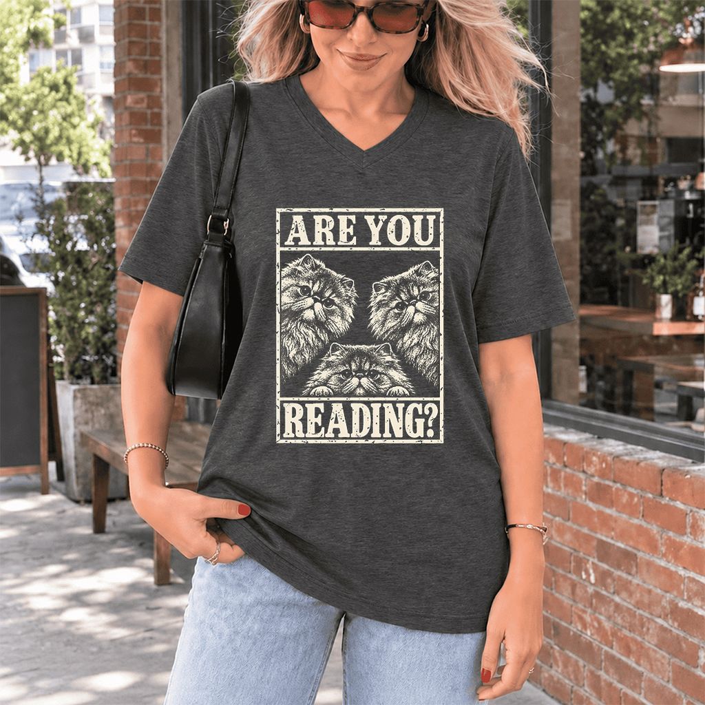 Are You Reading Persian Ultra-Soft V-Neck | Cat Lover Reader Gift Dark Grey Heather