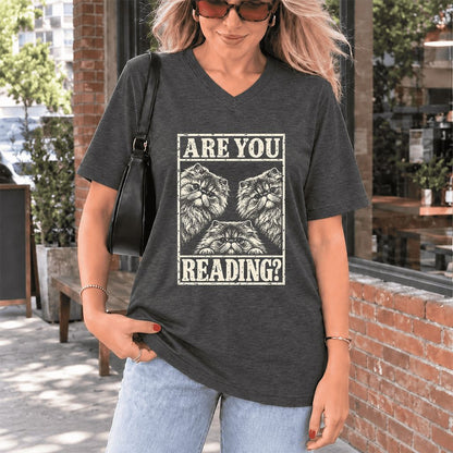 Are You Reading Persian Ultra-Soft V-Neck | Cat Lover Reader Gift Dark Grey Heather