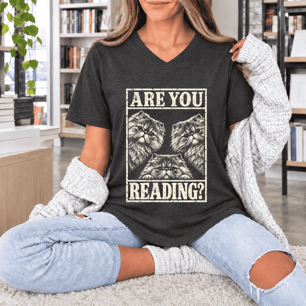 Are You Reading Persian Ultra-Soft V-Neck | Cat Lover Reader Gift Dark Grey Heather