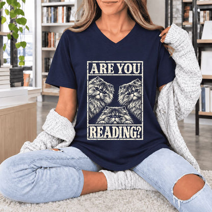 Are You Reading Persian Ultra-Soft V-Neck | Cat Lover Reader Gift Navy