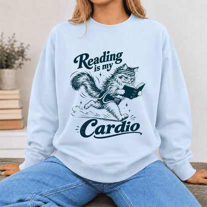 Reading Is My Cardio Printed Sweatshirt | Funny Cat Lover Reader Gift Light Blue