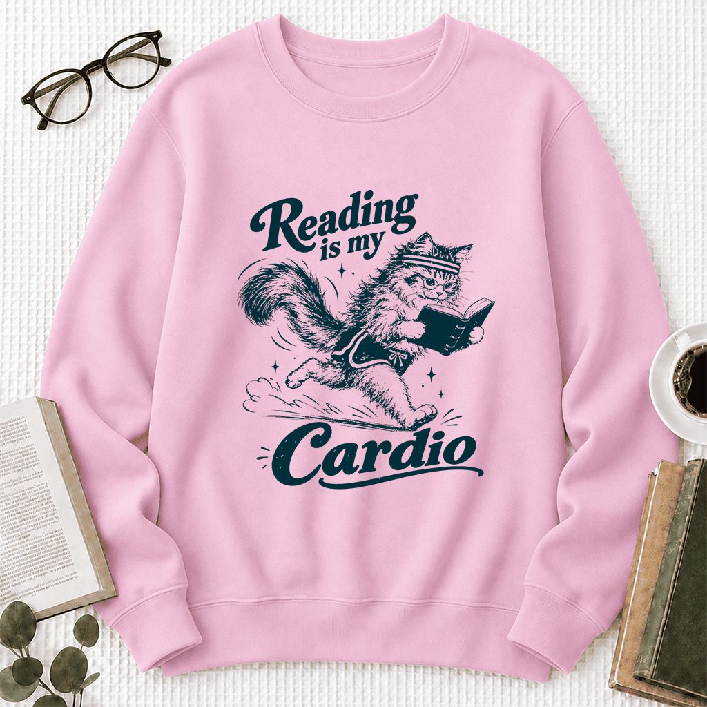 Reading Is My Cardio Printed Sweatshirt | Funny Cat Lover Reader Gift Light Pink