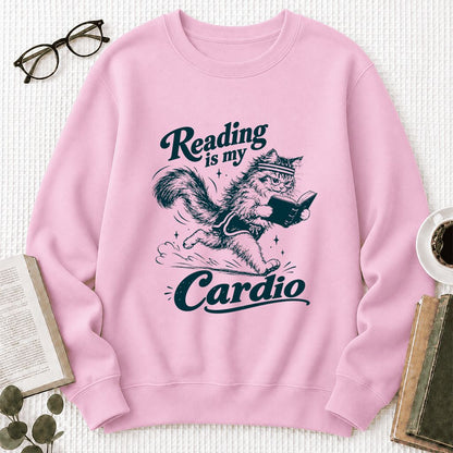 Reading Is My Cardio Printed Sweatshirt | Funny Cat Lover Reader Gift Light Pink