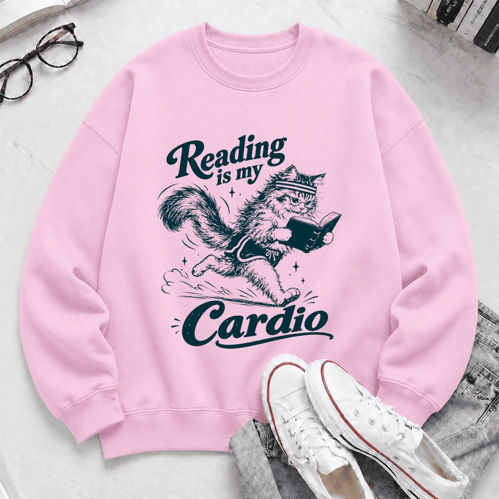 Reading Is My Cardio Printed Sweatshirt | Funny Cat Lover Reader Gift Light Pink