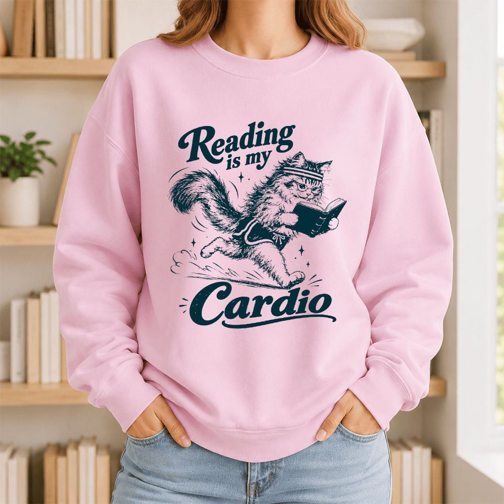 Reading Is My Cardio Printed Sweatshirt | Funny Cat Lover Reader Gift Light Pink
