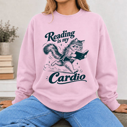 Reading Is My Cardio Printed Sweatshirt | Funny Cat Lover Reader Gift Light Pink